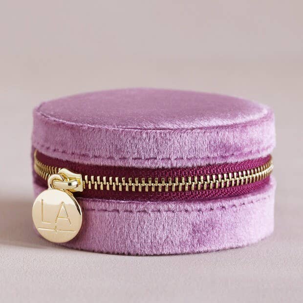 Mauve Pink Velvet Round Mini Travel Jewelry Case