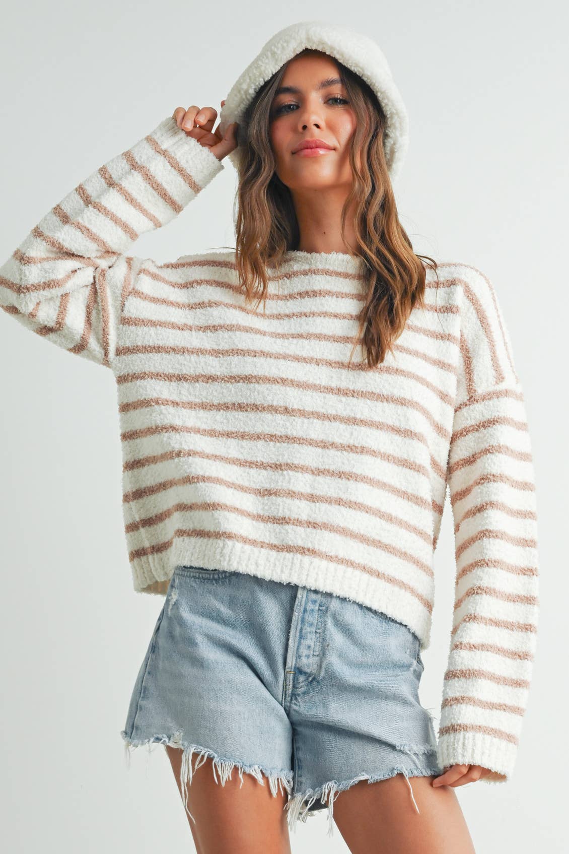 Basic Striped Knit Sweater - Taupe/Ivory