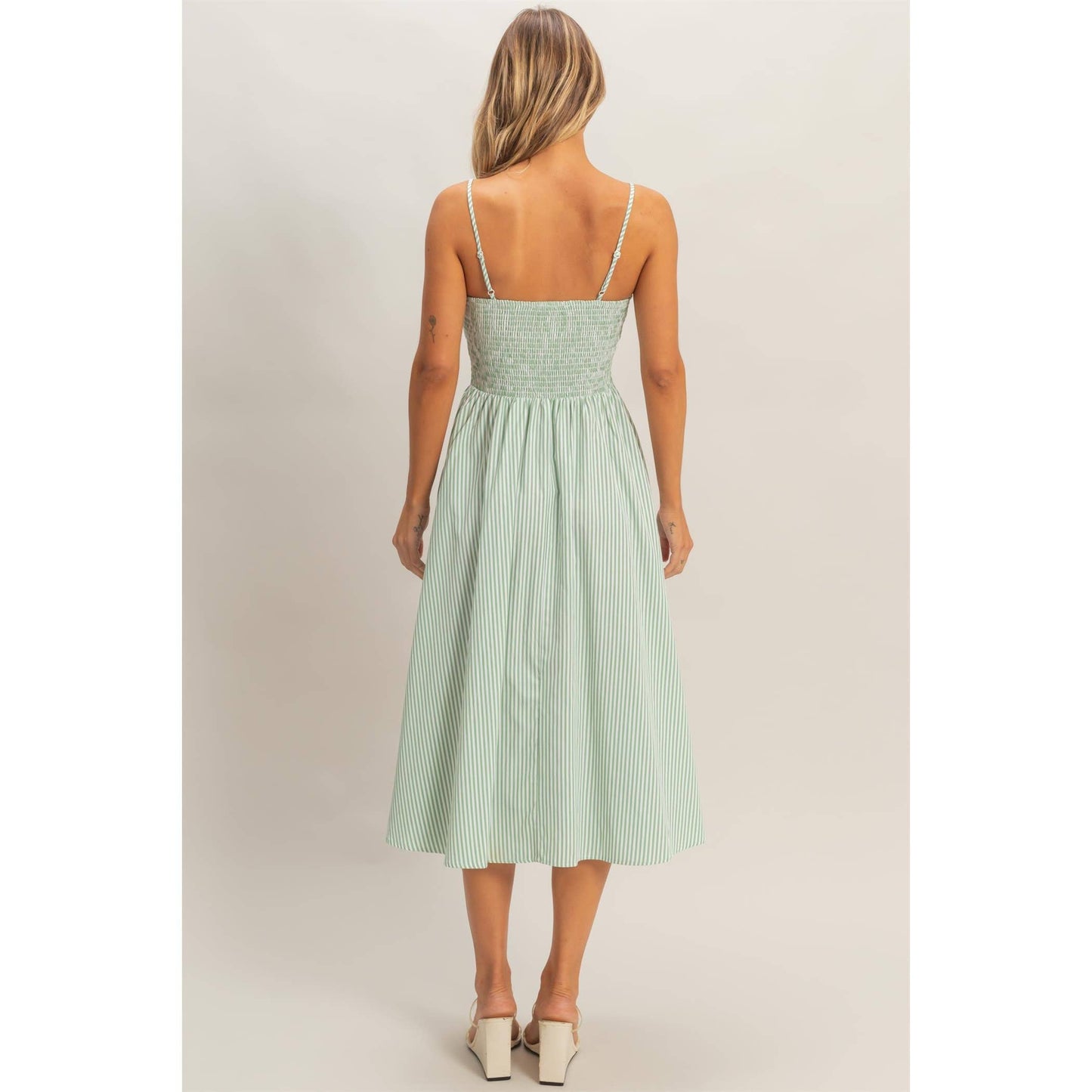 Striped Spaghetti Strap Dress - Sage