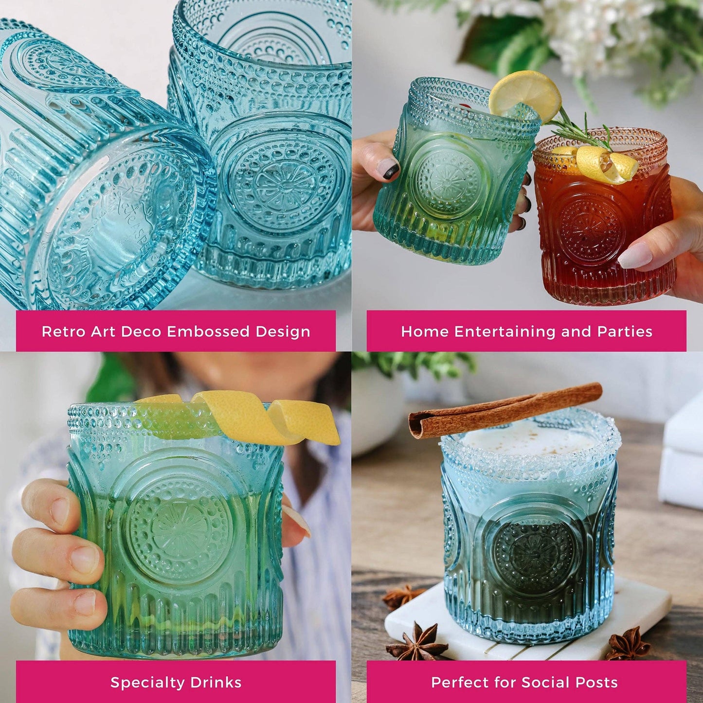 10 oz. Ribbed Retro Arch Floral Aqua Blue Drinking Glasses