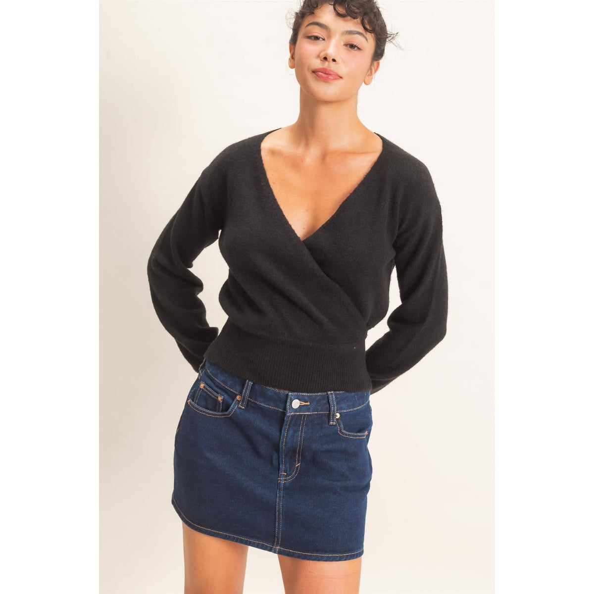 Wrap V Neck Sweater - Black