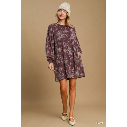 French Terry Floral Printed Long Sleeve Dress