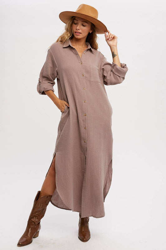 Button Up Maxi Shirt Dress - Mushroom + Ash