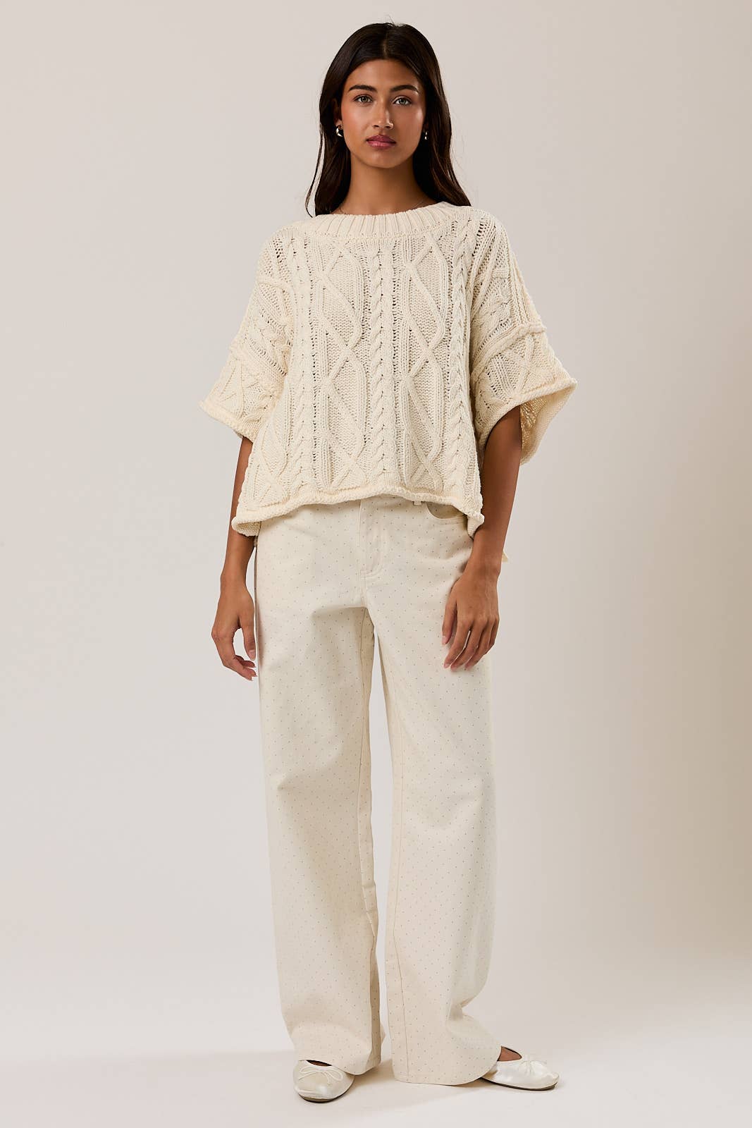 Short Sleeve Knit Sweater - Cream