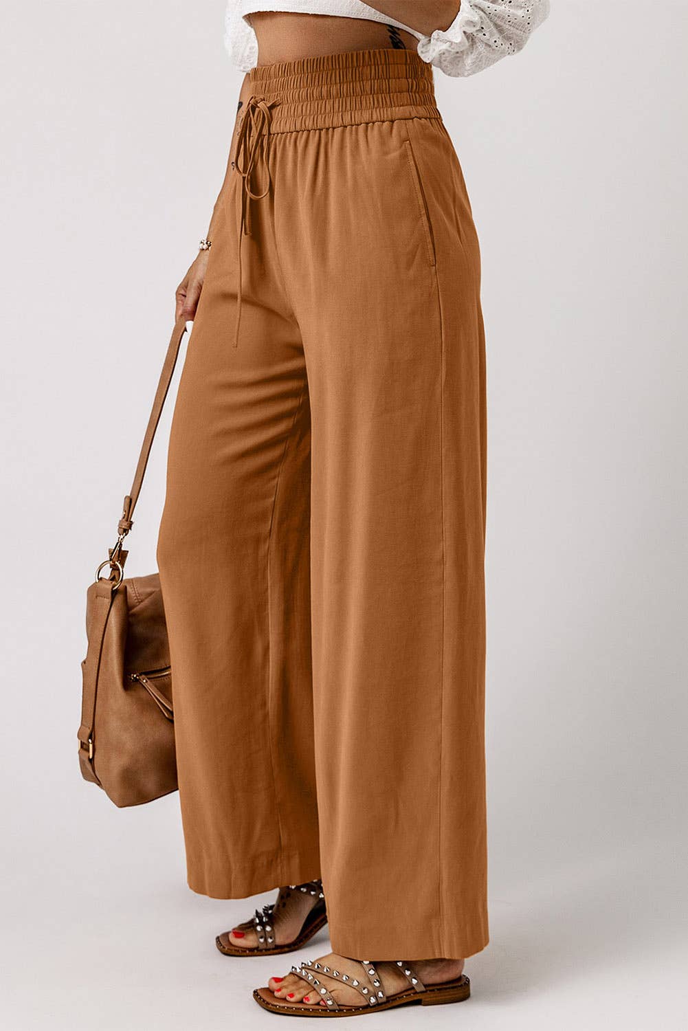 Drawstring Stretch Waist, Wide Leg Pants