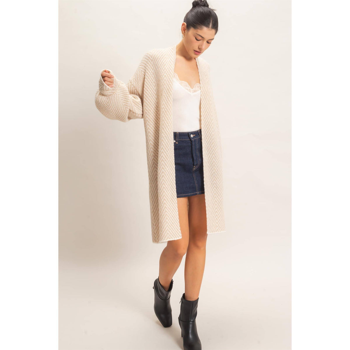 Herringbone Open-Front Cardigan - Taupe