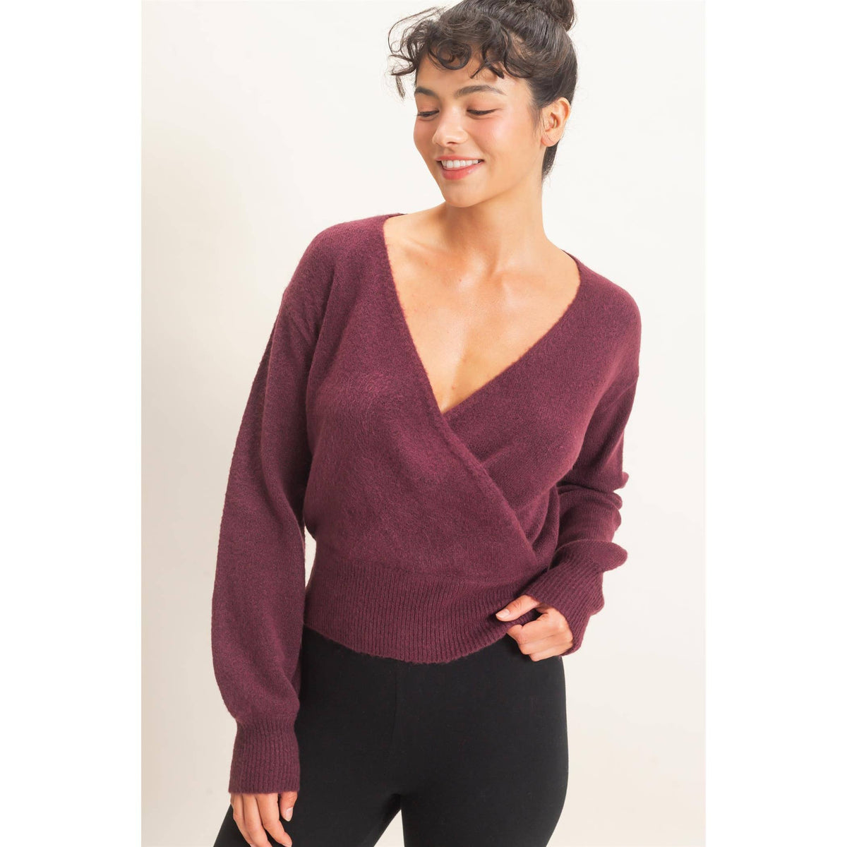 Wrap V Neck Sweater - dark cherry