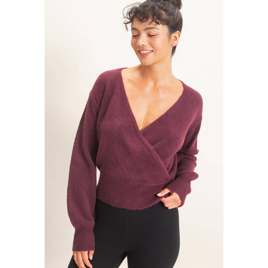 Wrap V Neck Sweater - dark cherry
