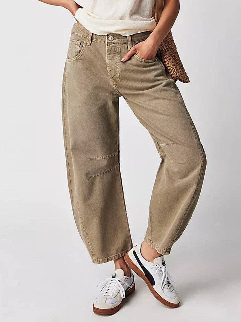 Mid Rise Barrel Jeans - Khaki