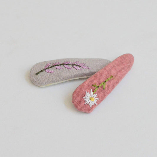 Triangle Embroidered Floral Snap Hair Clips | Pink & Grey