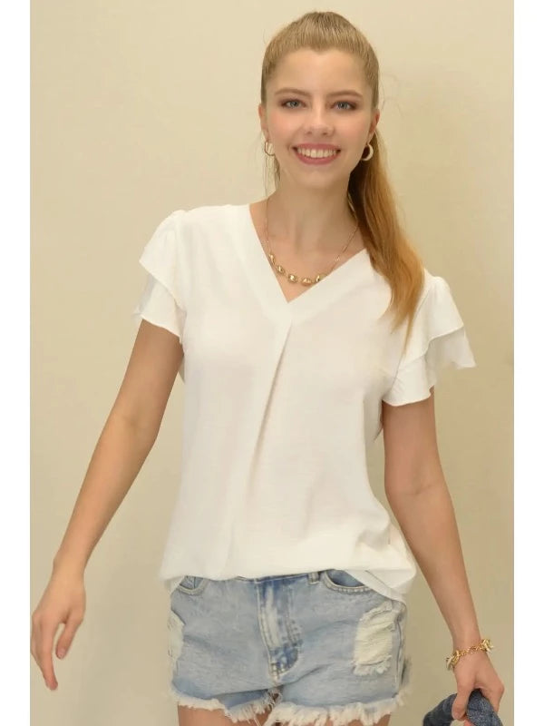Short sleeve, v-neck blouse with a flutter sleeve
