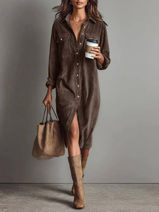 Corduroy Shirt Dress Long Sleeve Button Down Midi