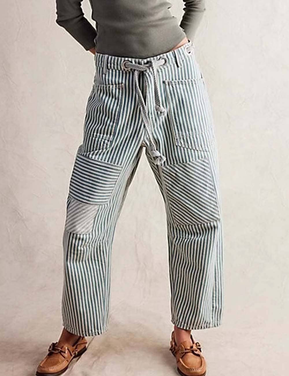 Striped Drawstring Pants - blue and white