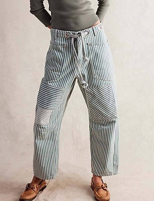 Striped Drawstring Pants - blue and white