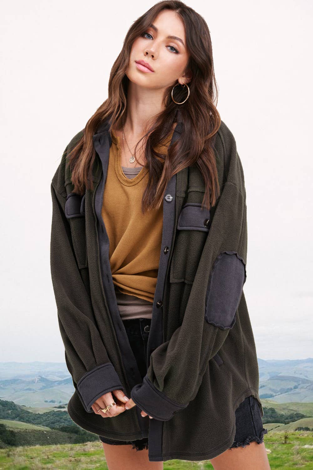 Long Sleeve Fleece Shacket - Carbon