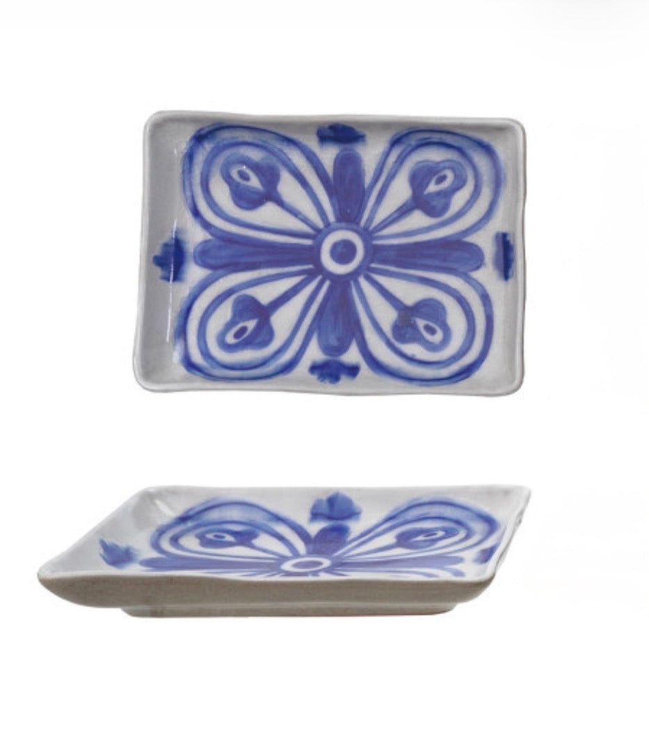 Hand-Painted Stoneware Plate with Pattern, 4 Styles
