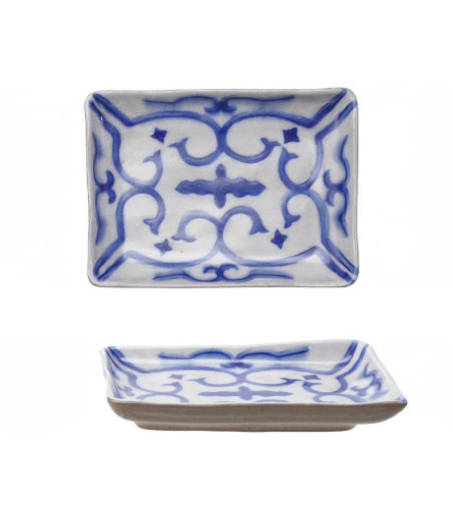 Hand-Painted Stoneware Plate with Pattern, 4 Styles