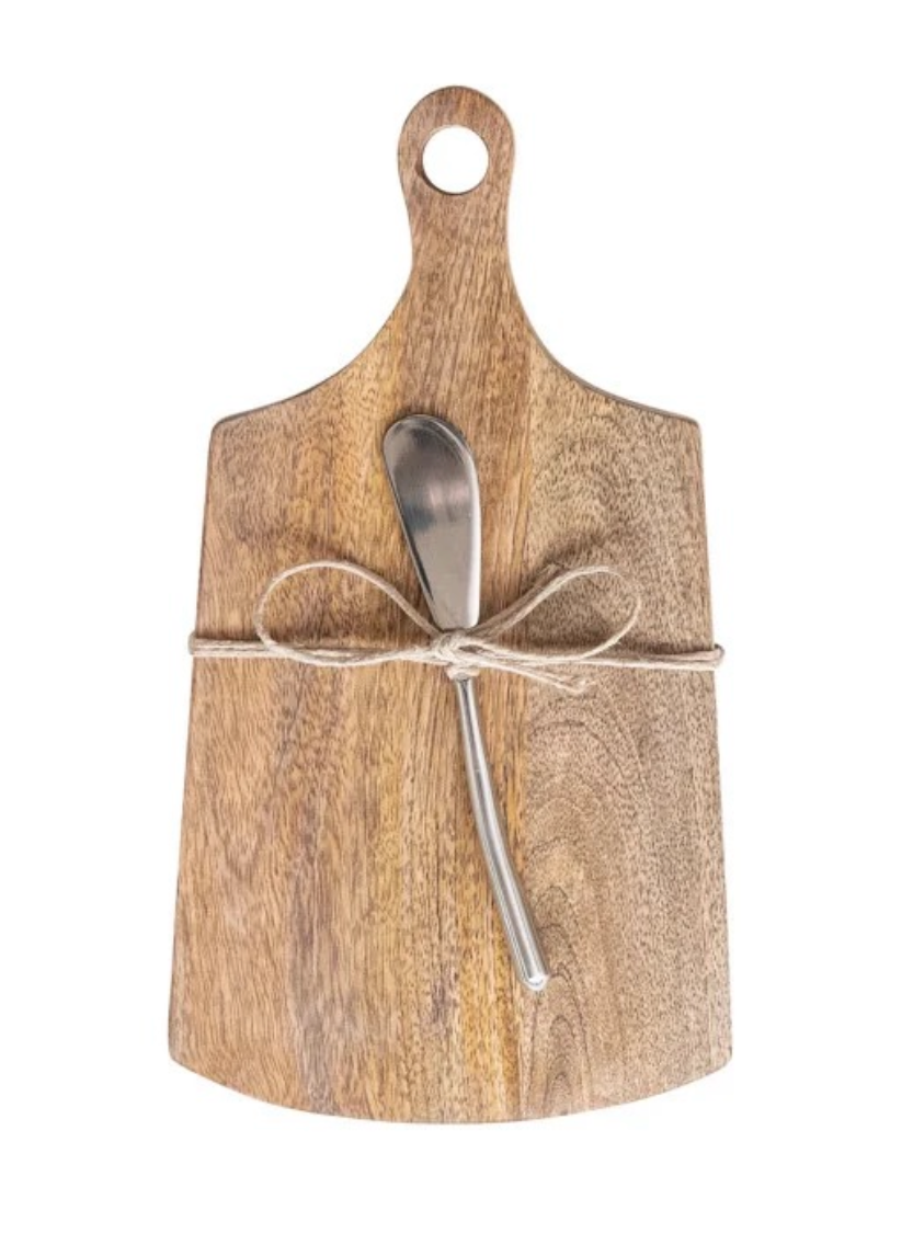 Mango Wood Cheese/Cutting Board w/ Handle & Canape Knife, 4 Styles