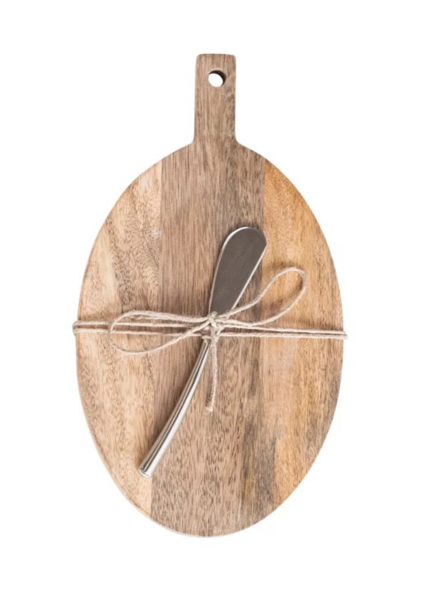 Mango Wood Cheese/Cutting Board w/ Handle & Canape Knife, 4 Styles