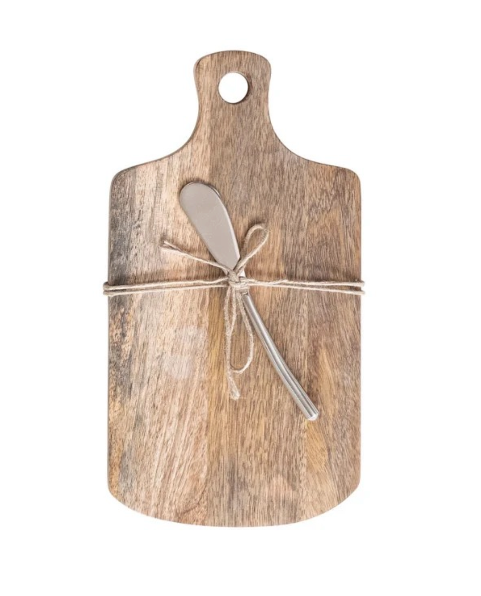 Mango Wood Cheese/Cutting Board w/ Handle & Canape Knife, 4 Styles