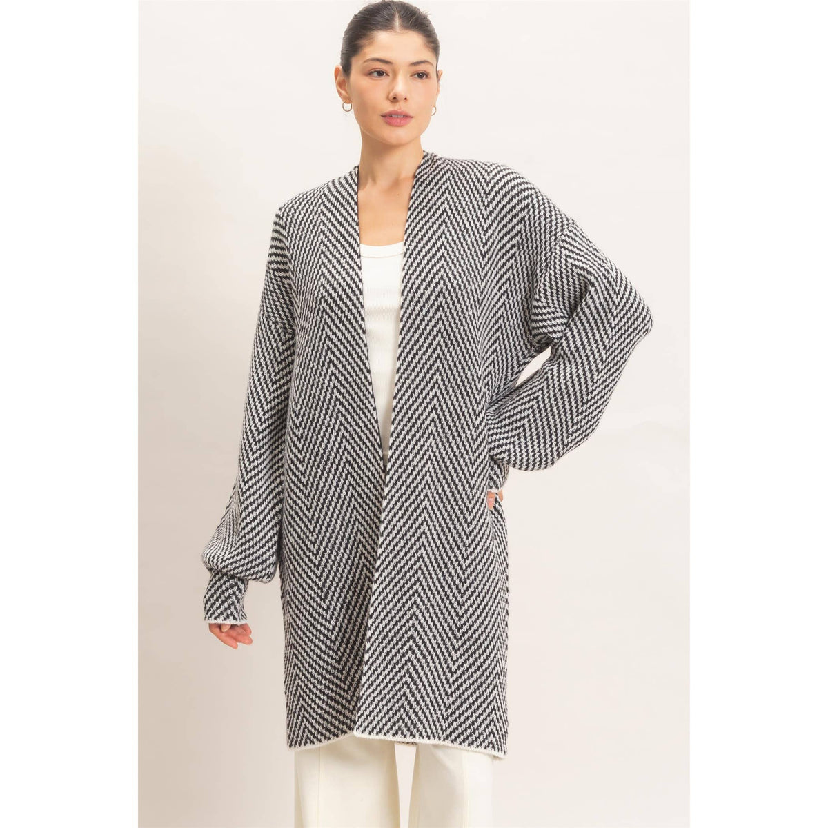Herringbone Open-Front Cardigan - Black