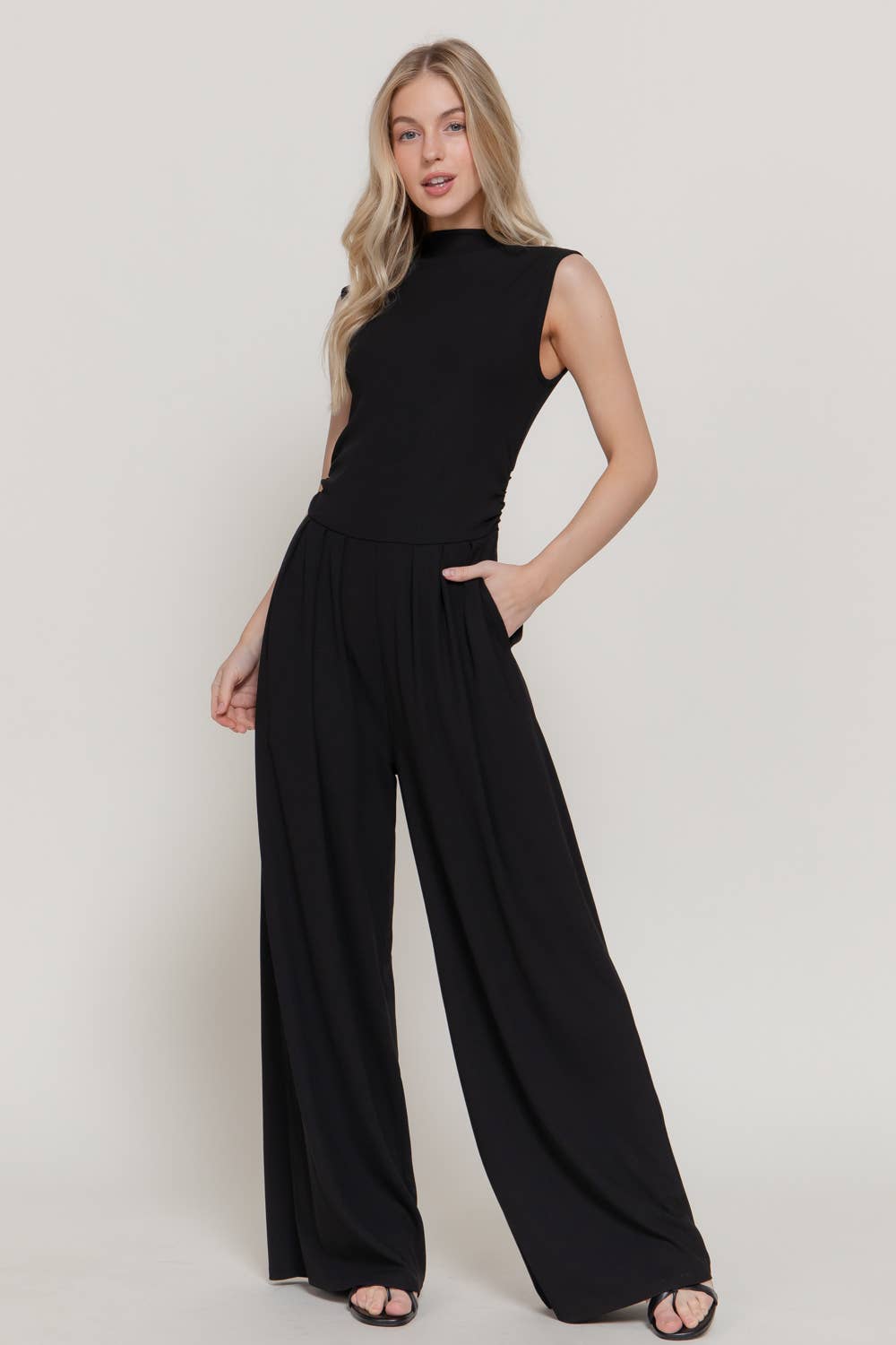 Sleeveless High Neck Pleated Rib Jumpsuit