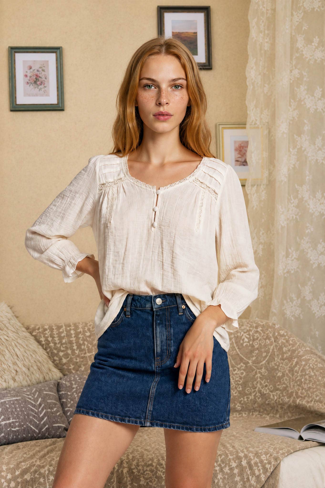V-neck Henley w/ Crochet Trim - Cream