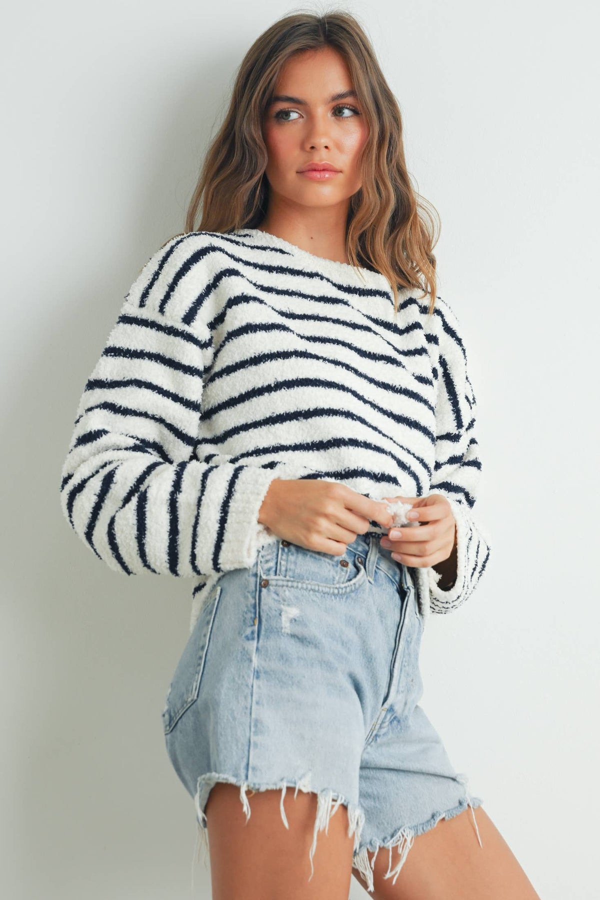 Basic Striped Knit Sweater - Navy/Cream