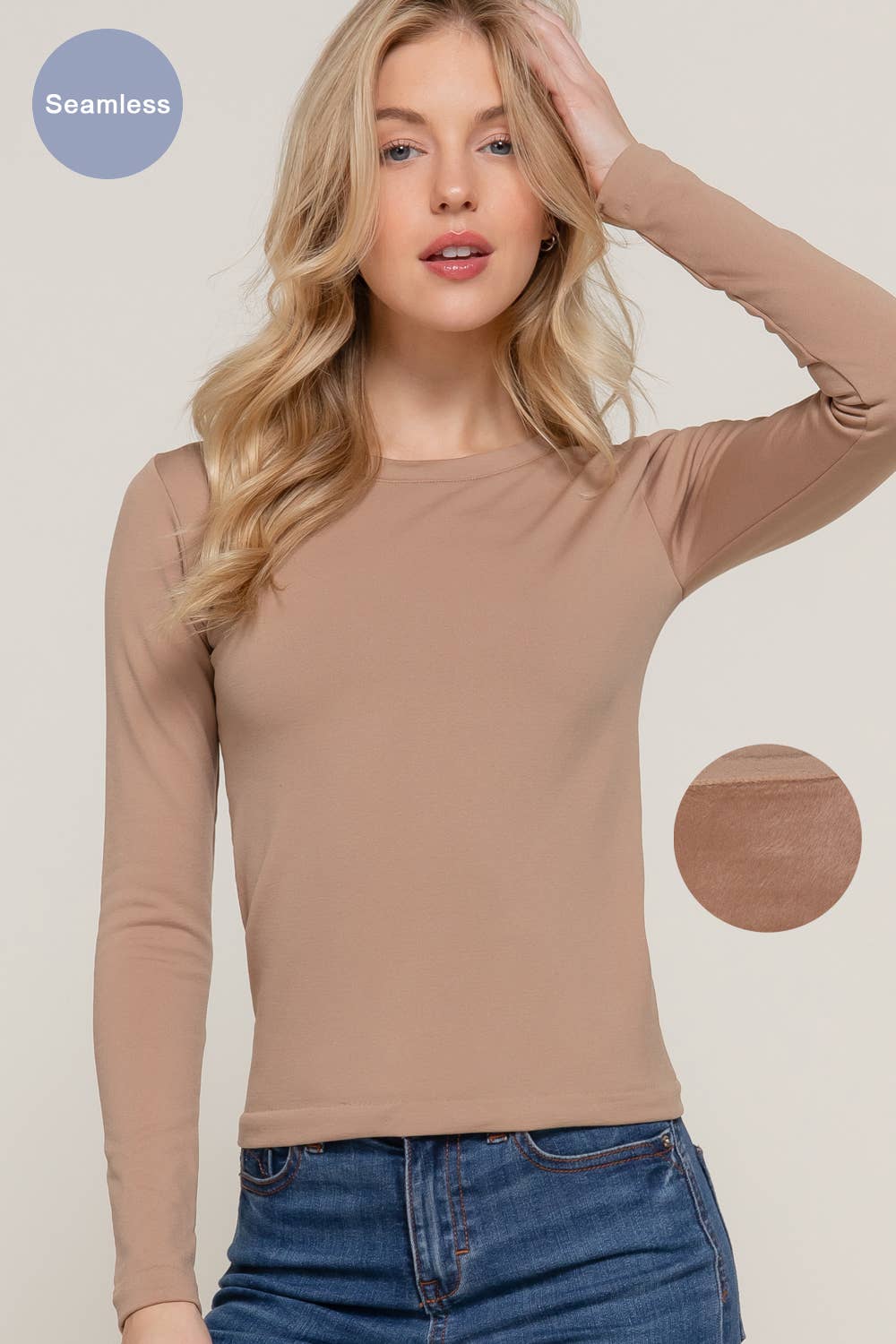 Long Sleeve Crew Neck Inner Fur Seamless Top - Toffee