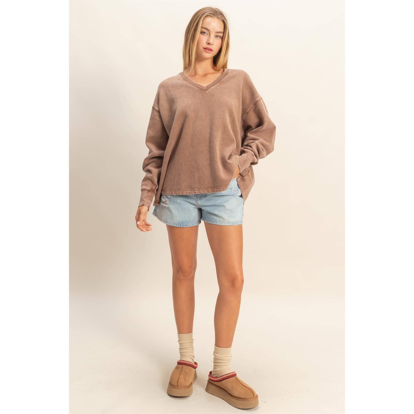 Oversized V-Neck Sweatshirt With Raw Edge Detail