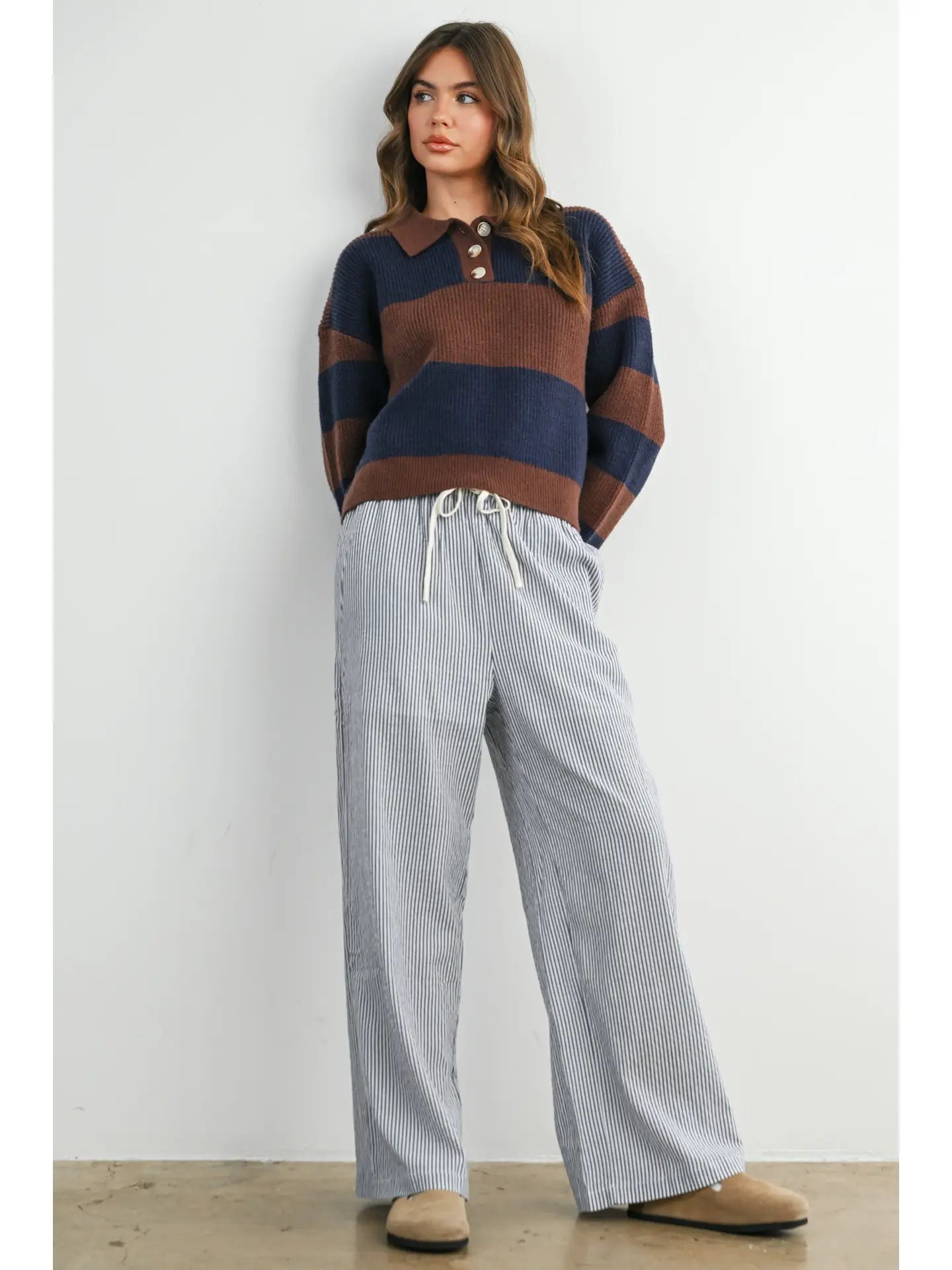 Drawstring Waist Striped Pants - Navy