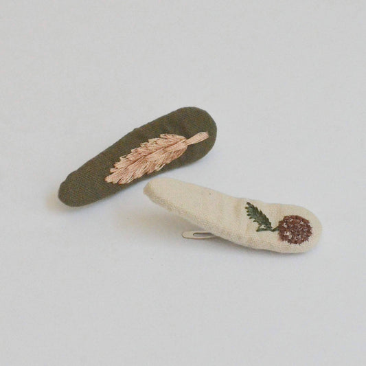 Triangle Embroidered Floral Snap Hair Clips | Olive & Beige