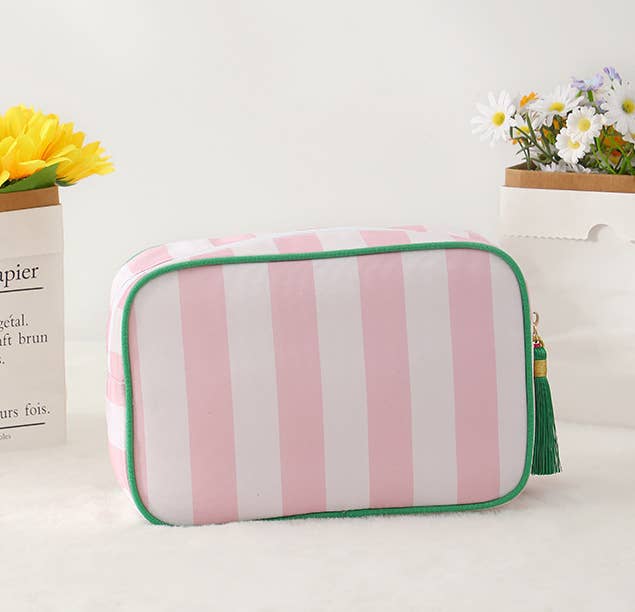 Color-Blocked Striped Pouch Bow Makeup Bag