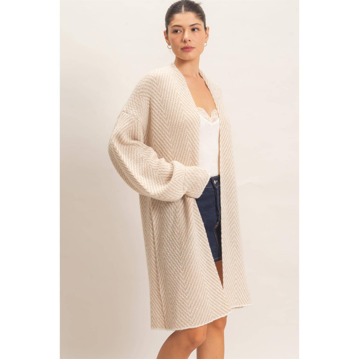 Herringbone Open-Front Cardigan - Taupe