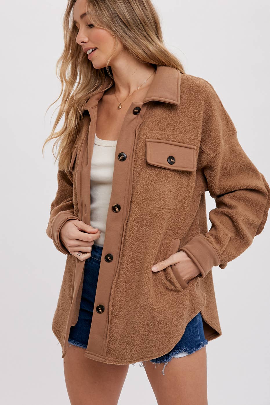 Button Front Fleece Jacket - Latte