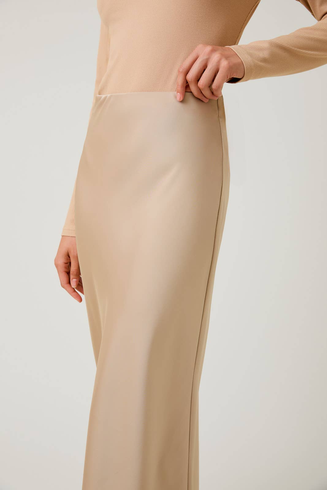 Satin Midi Skirt - Tan