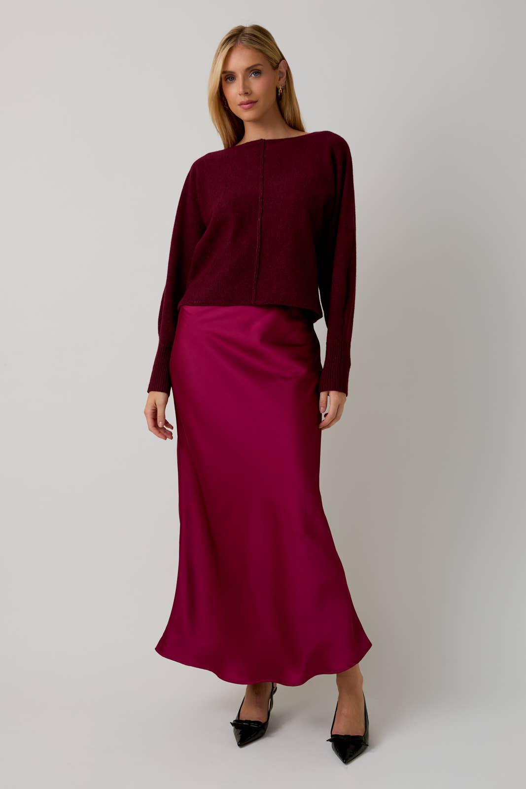 Satin Midi Skirt - Cranberry