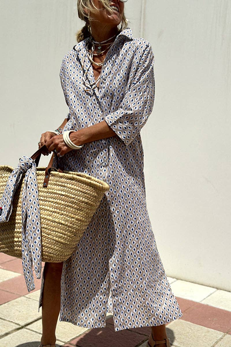 Tie-Waist Shirt Dress - Grey Pattern
