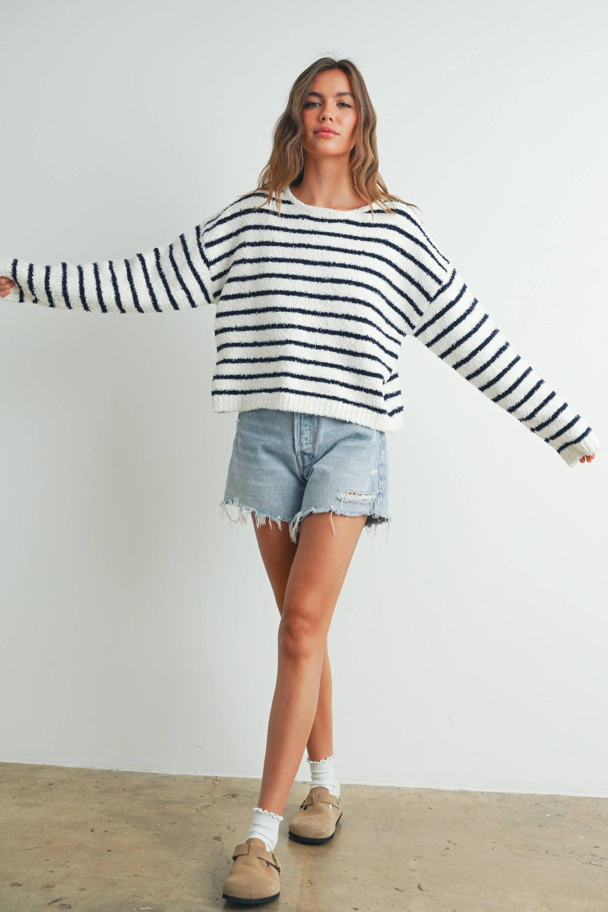 Basic Striped Knit Sweater - Navy/Cream