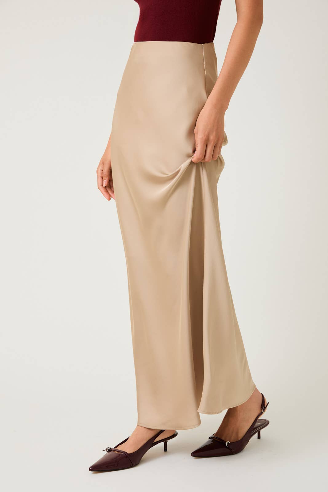 Satin Midi Skirt - Tan