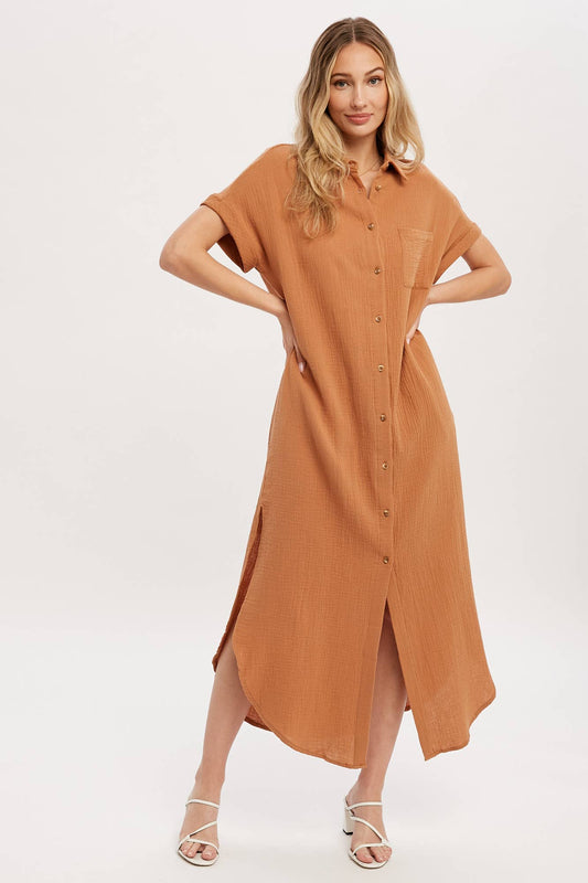 Button Up Maxi Shirt Dress - Camel