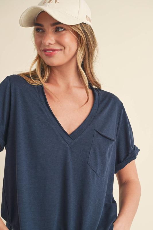 V-Neck Short Sleeve Top - Navy