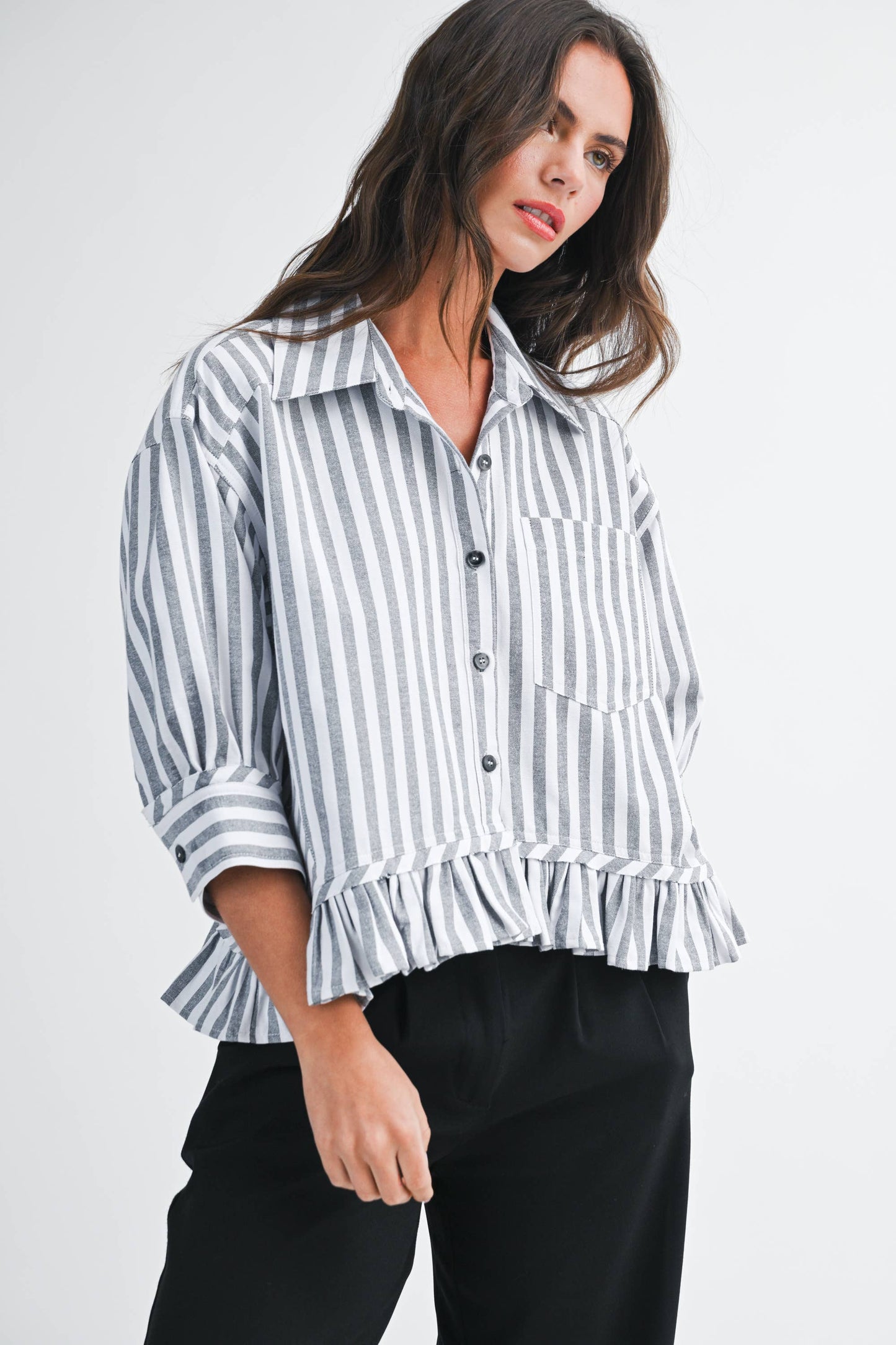 Striped Ruffle Hem Button Down