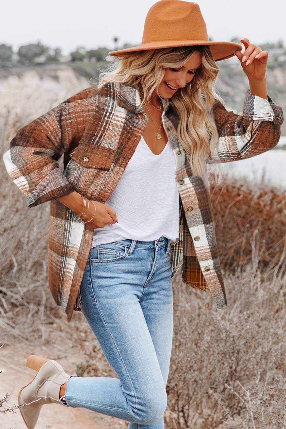 Plaid Flap Pockets Shacket - Gold Flame