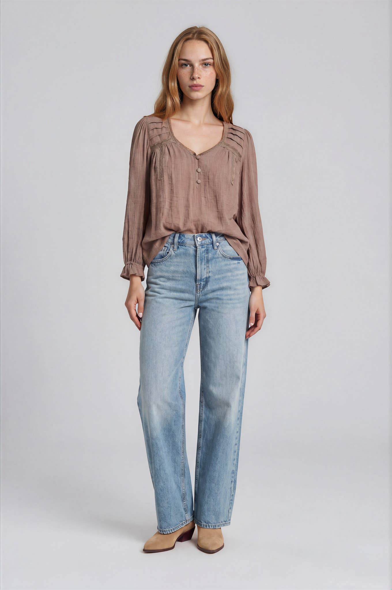 V-neck Henley w/ Crochet Trim - Brown