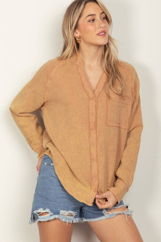 Oversized Cotton Gauze Top - Golden Brown