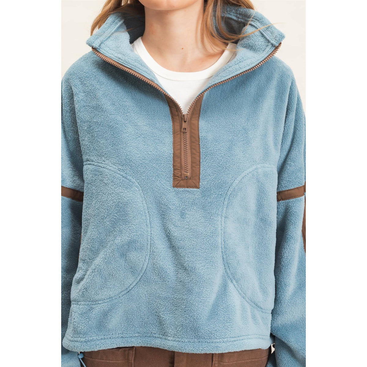 Contrast Trim Half-Zip Fleece Pullover -Blue
