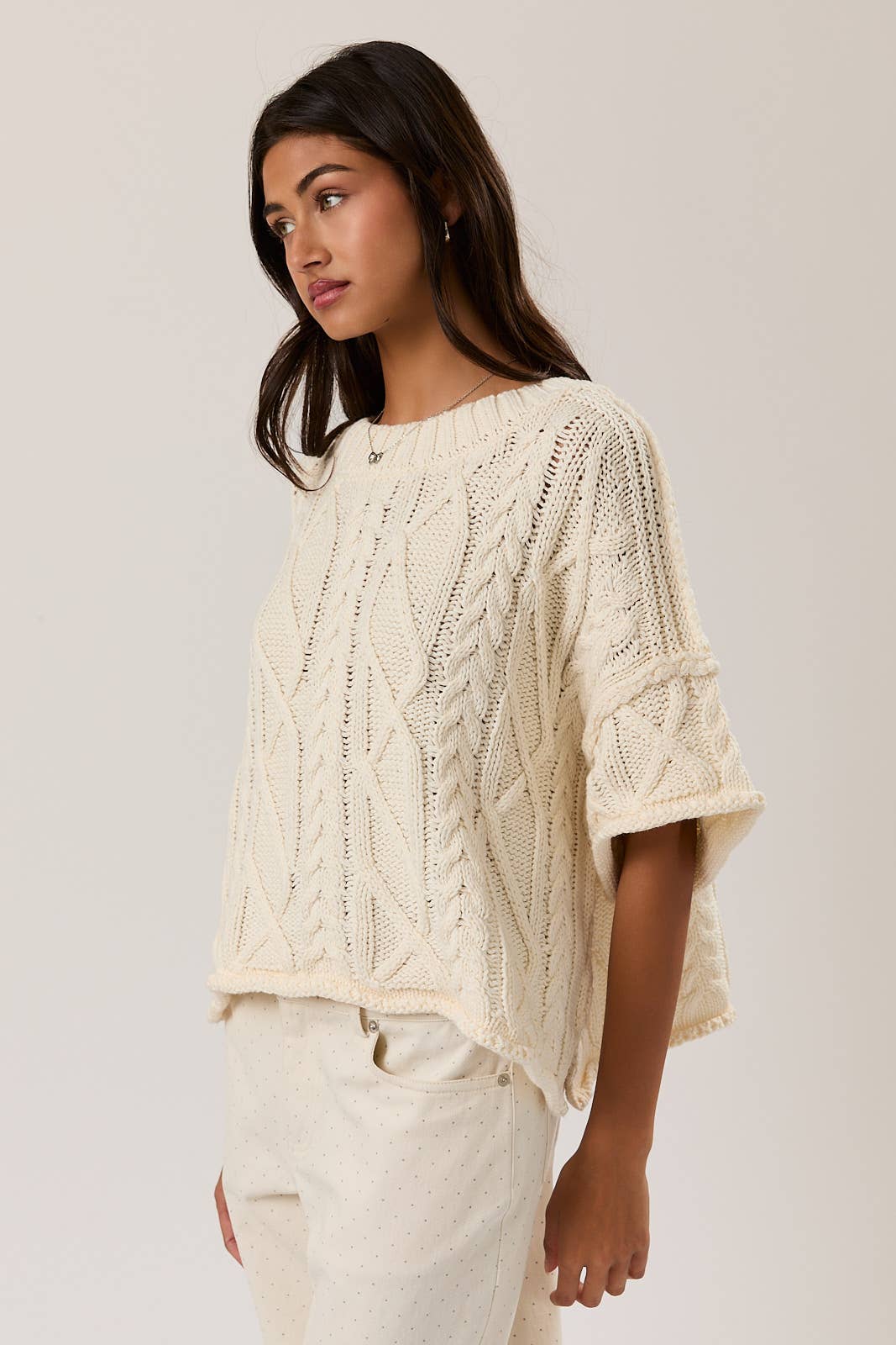 Short Sleeve Knit Sweater - Cream