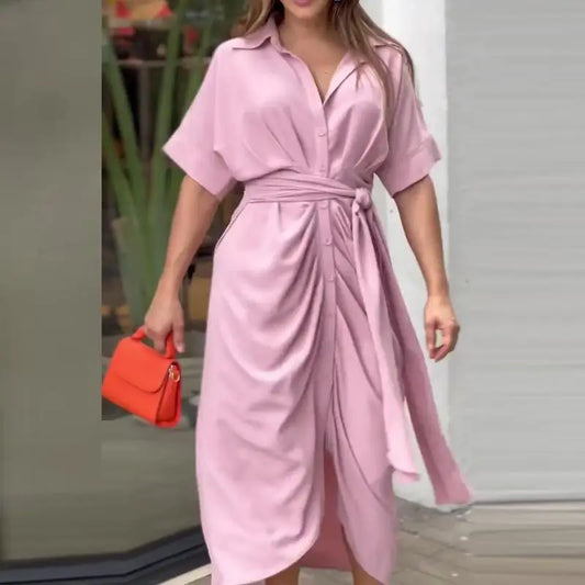 V-Neck Shirt Dress with Ruched Sides - Pink