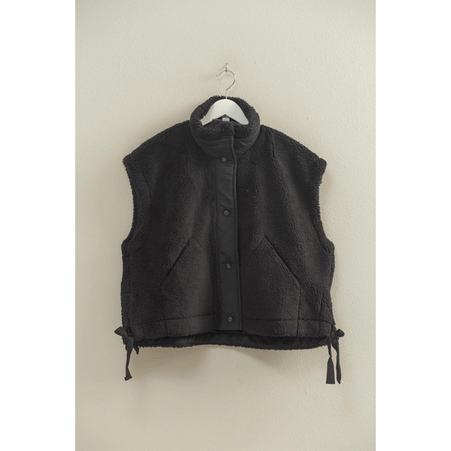 Cozy Sherpa Vest Jacket with Tie-Up Side Details - Black
